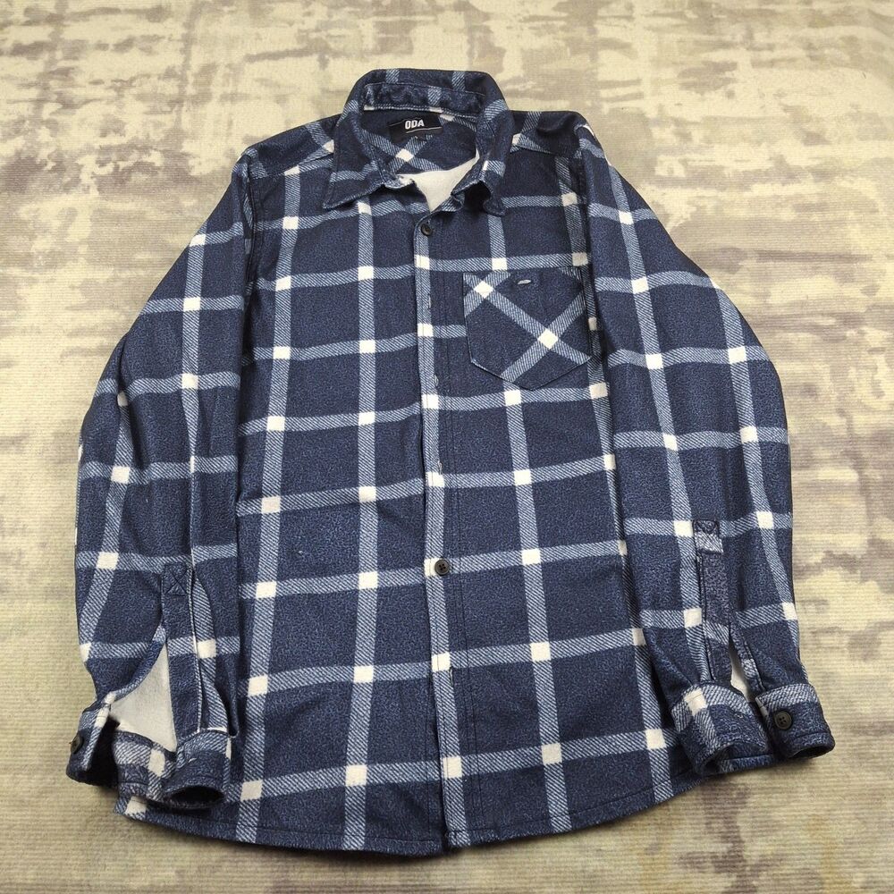 ODA Mens Heavyweight Flannel Shirt XL Blue White Plaid Casual Casual Button Down